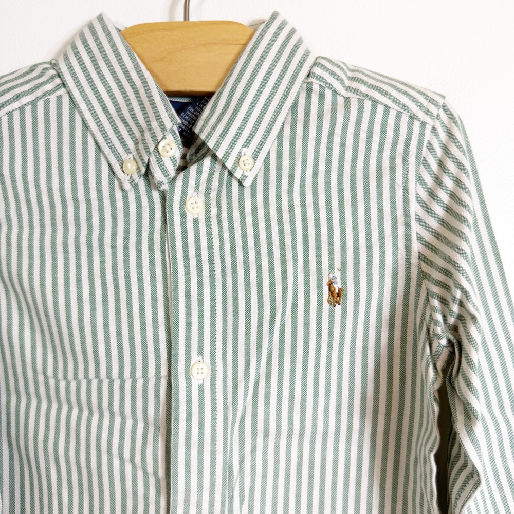 Ralph Lauren Button Down Boys 3T Green White Striped Oxford Pony Logo Shirt